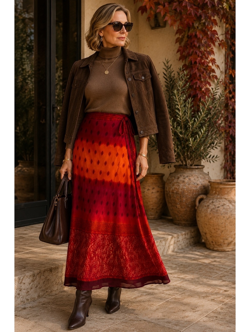 Holt Renfrew Collection Silk Look Wrap Maxi Skirt Red Orange Boho Size 14